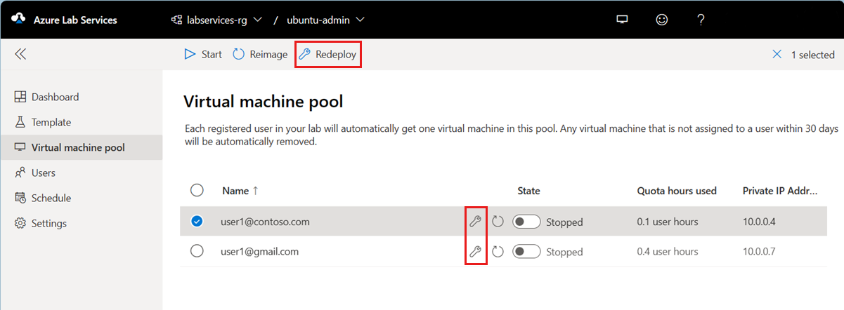 Screenshot that shows the virtual machine pool in the Lab Services web portal, highlighting the Redeploy button.