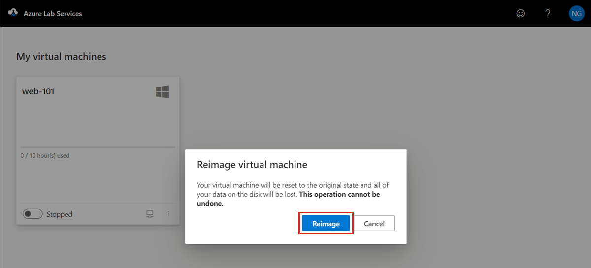 Screenshot that shows the confirmation dialog for resetting a single VM in the Lab Services web portal.