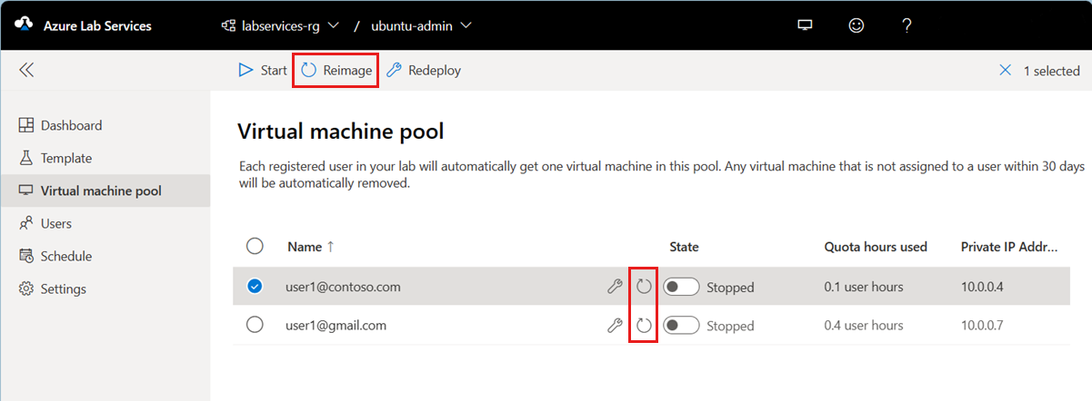 Screenshot that shows the virtual machine pool in the Lab Services web portal, highlighting the Reimage button.