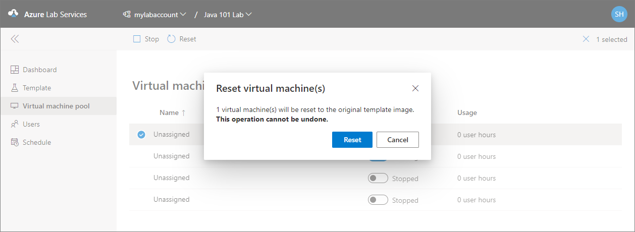 Screenshot of reset virtual machine confirmation dialog.