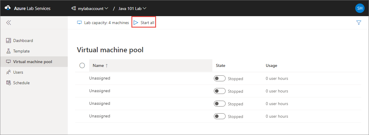 Screenshot that shows the Virtual machine pool page and the Start all button is highlighted.