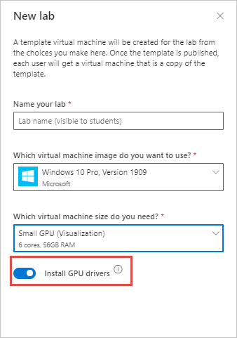 Screenshot of the "New lab" showing the "Install GPU drivers" option