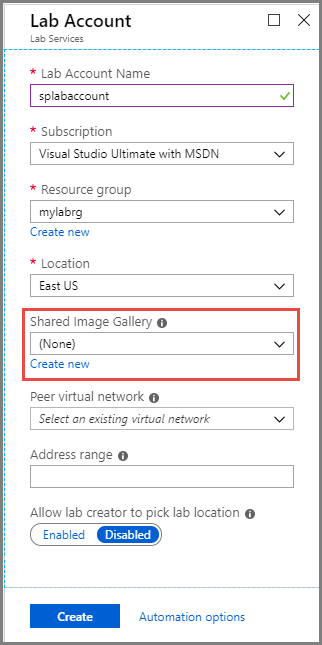 Configure shared image gallery at the time of lab account creation