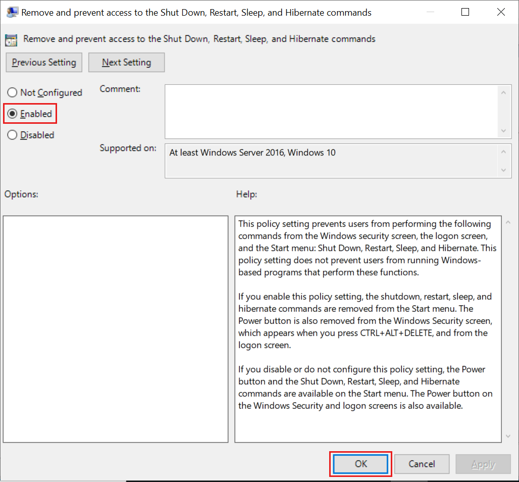 Screenshot of Remove and prevent access to the Shut Down, Restart, Sleep, and Hibernate commands dialog in Windows.