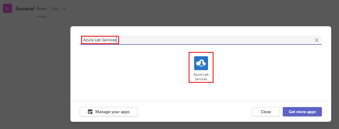 Screenshot that shows the dialog for adding apps in Teams, highlighting the Azure Lab Services app.