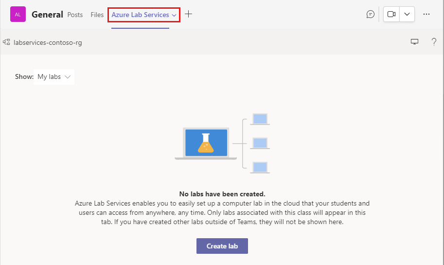 Screenshot that shows the Azure Lab Service home screen in Microsoft Teams, highlighting the Azure Lab Services tab.