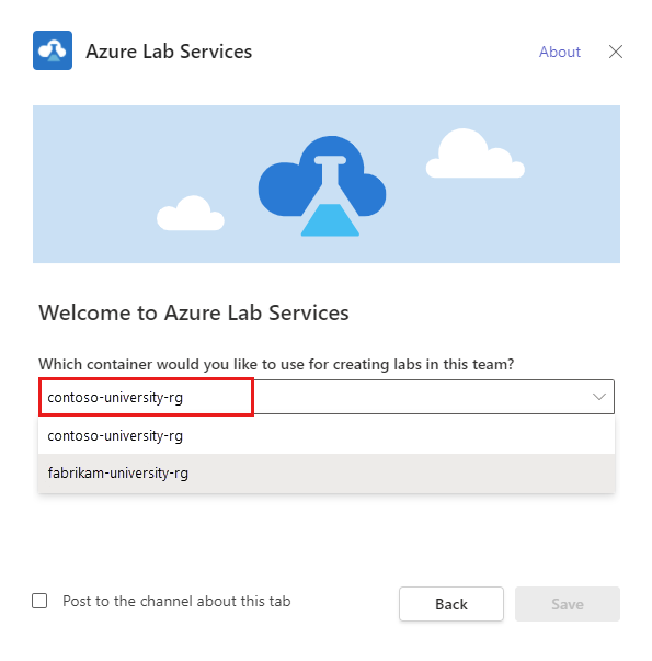 Screenshot that shows the Azure Lab Services dialog for selecting the resource group for your lab plan.