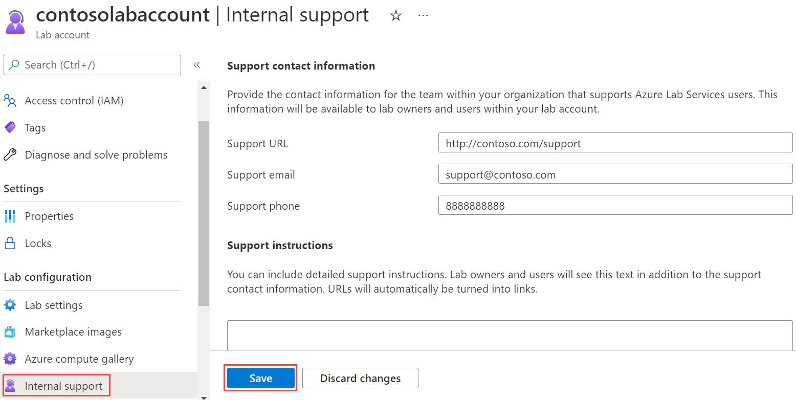 Screenshot of the Internal support page.