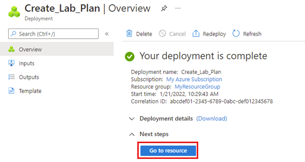 Screenshot that the deployment of the lab plan resource is complete.