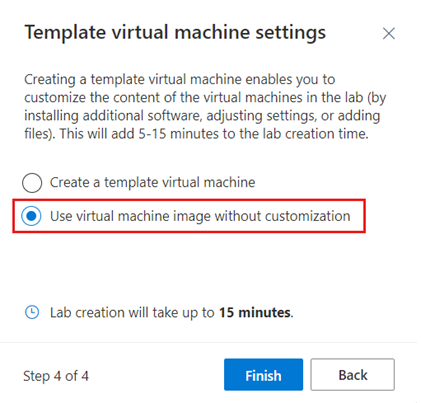 Screenshot of the Template virtual machine settings page, with the option selected to create a templateless VM.