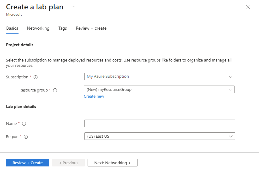 Screenshot that shows the Basics tab of the Create a new lab plan experience.