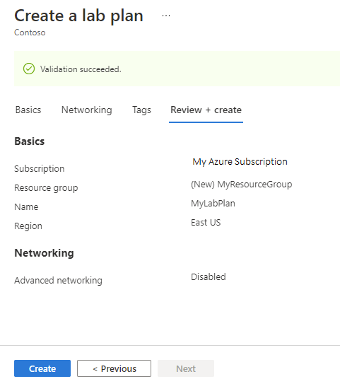Screenshot that shows the Review and Create tab of the Create a new lab plan experience.