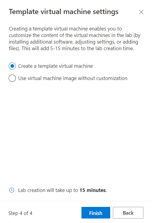Screenshot of the Template virtual machine settings windows when creating a new Azure Lab Services lab with a custom template.