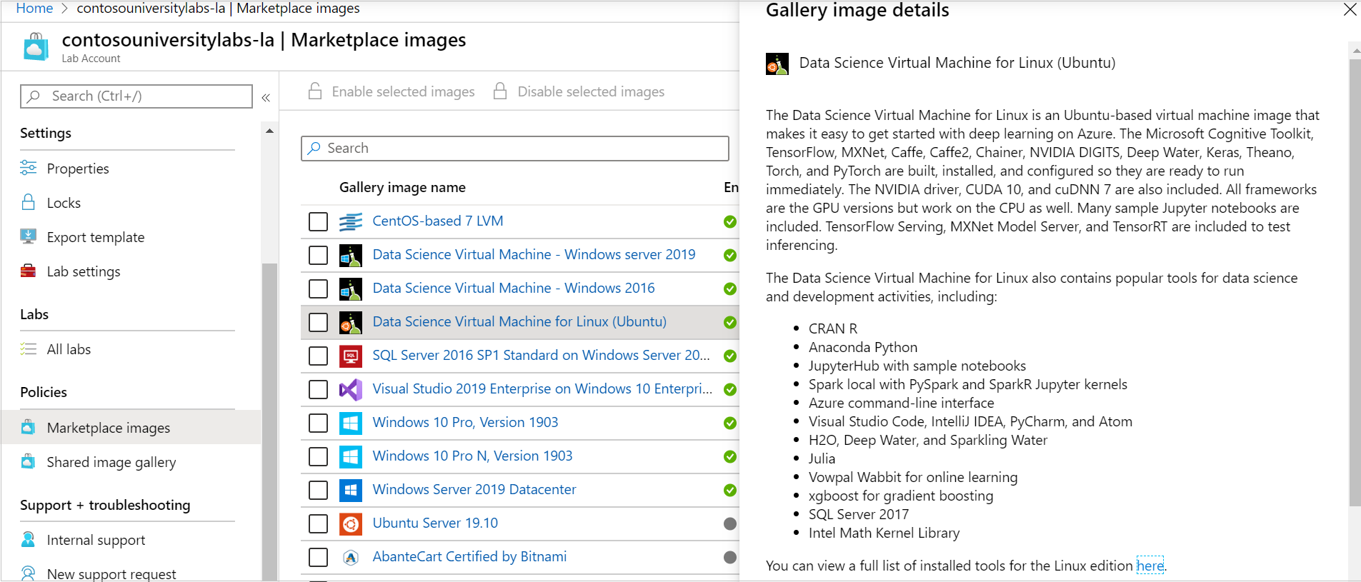 Screenshot of a list of images available for review in Azure Marketplace.
