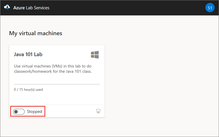 Screenshot of My virtual machines page in Azure Lab Services website, highlighting the stopped state.