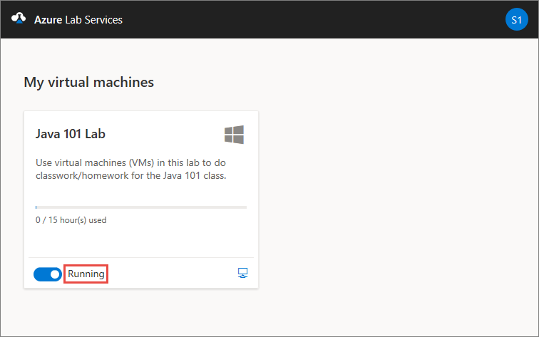 Screenshot of My virtual machines page in the Azure Lab Services website, highlighting the VM is running.