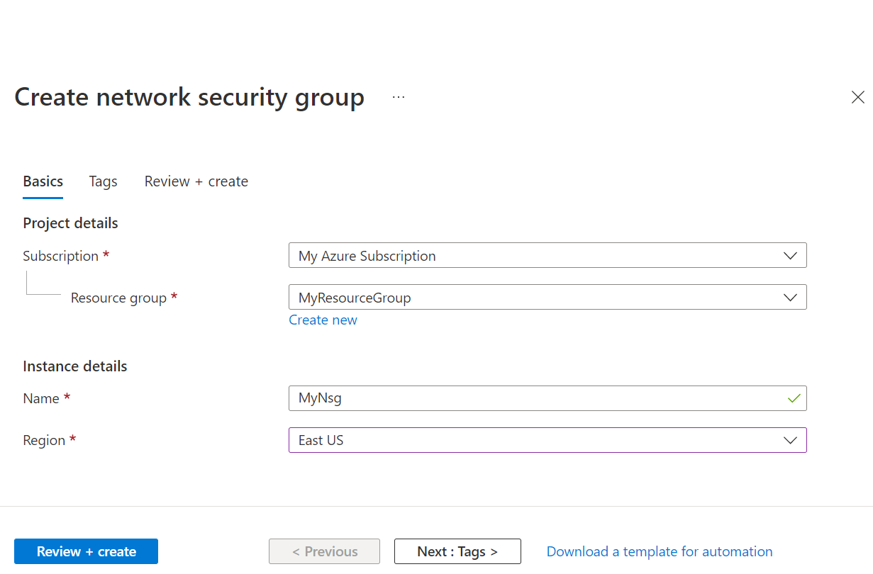 Screenshot of the Basics tab of the Create Network security group page in the Azure portal.