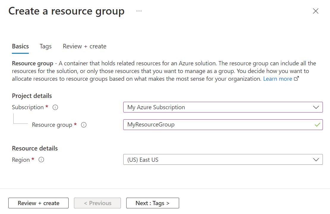 Screenshot of create new resource group page in the Azure portal.