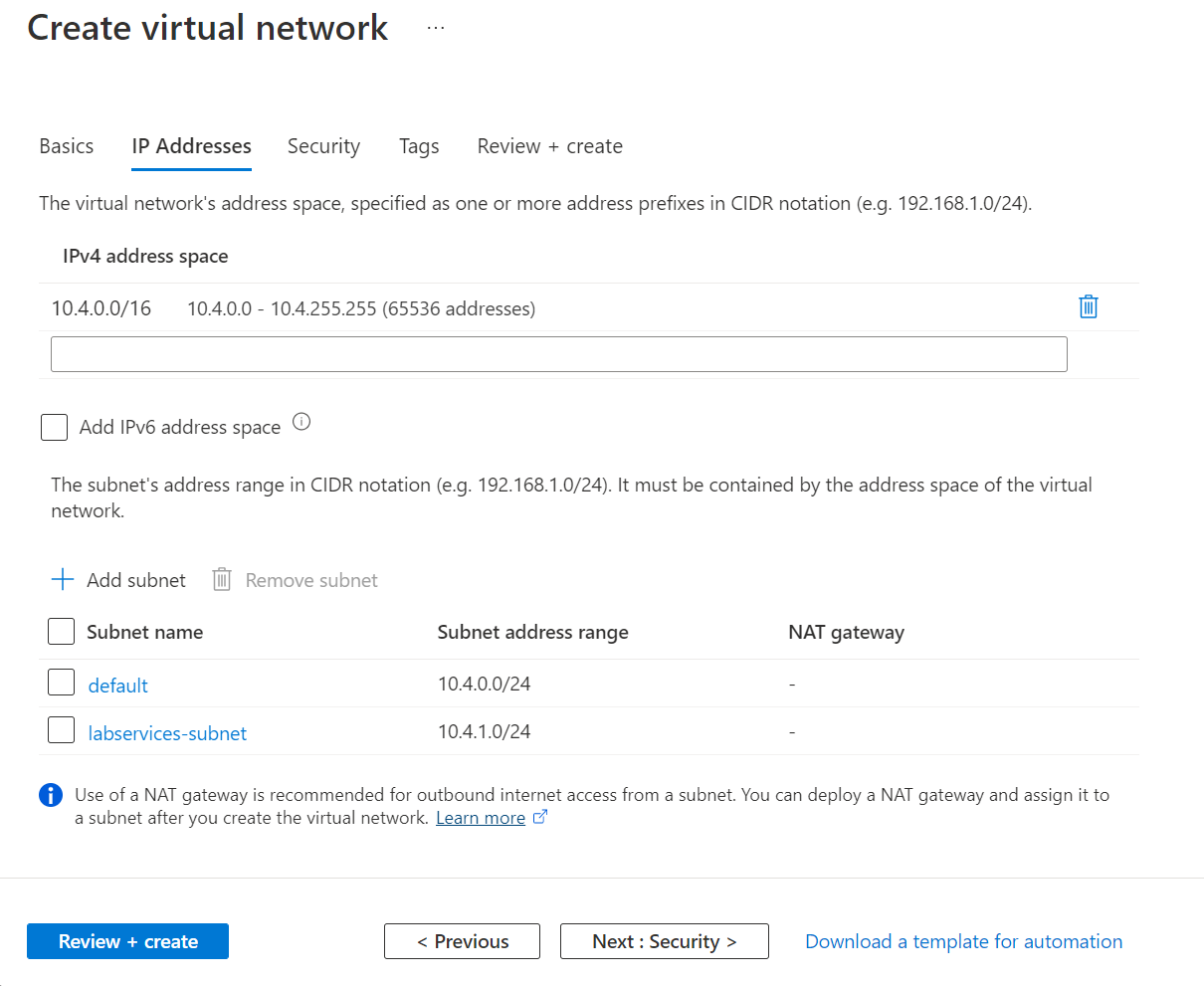 Screenshot of IP addresses tab of the Create virtual network page in the Azure portal.