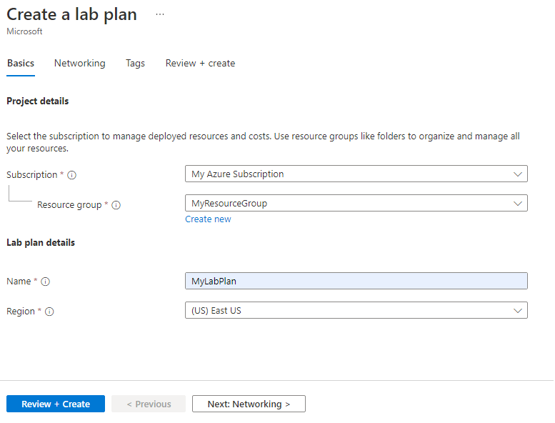 Screenshot of the basics page for lab plan creation.