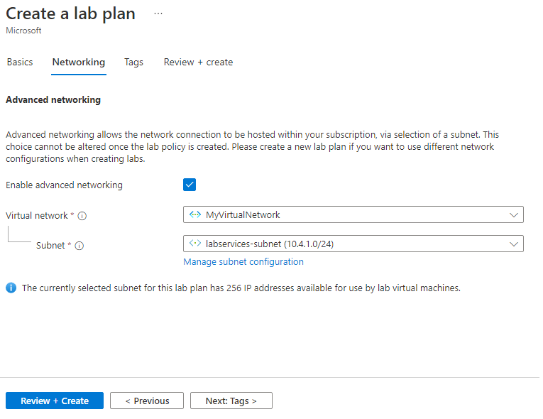 Screenshot of the networking page for lab plan creation.