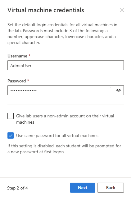 Screenshot that shows the Virtual machine credentials window when creating a new Azure Lab Services lab.