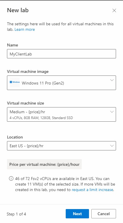 Screenshot of the New lab window for Azure Lab Services.