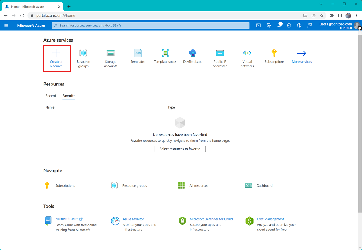 Screenshot that shows the Azure portal home page, highlighting the Create a resource button.