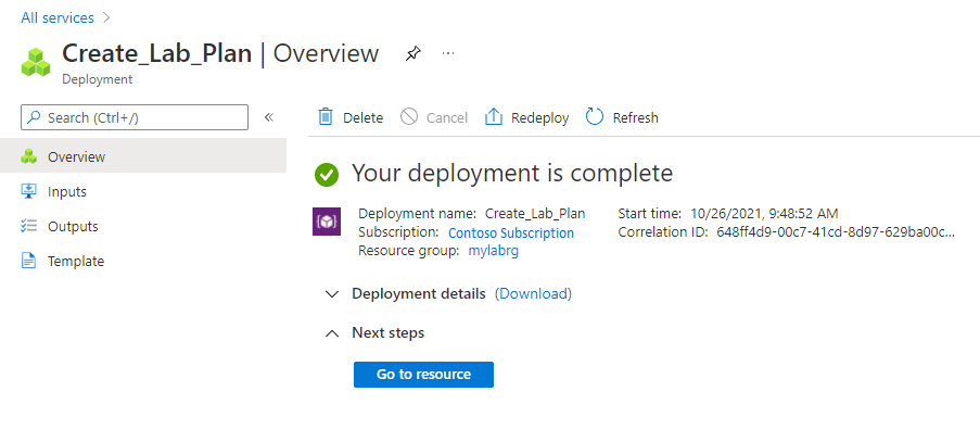 Screenshot that shows the resource deployment completion page in the Azure portal.