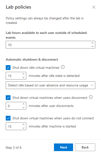 Screenshot of the Lab policy window when creating a new Azure Lab Services lab.