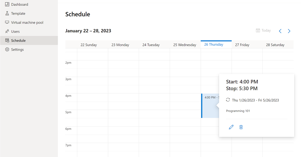 Screenshot of the Schedule page for Azure Lab Services.  Repeating schedule, Monday through Friday shown in the calendar.