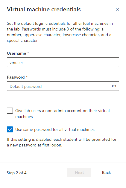 Screenshot that shows the Virtual machine credentials window when creating a new Azure Lab Services lab.