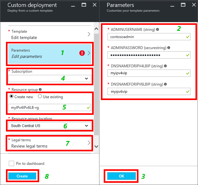 Screenshot shows the steps involved in the Custom deployment, starting with entering template parameter values.