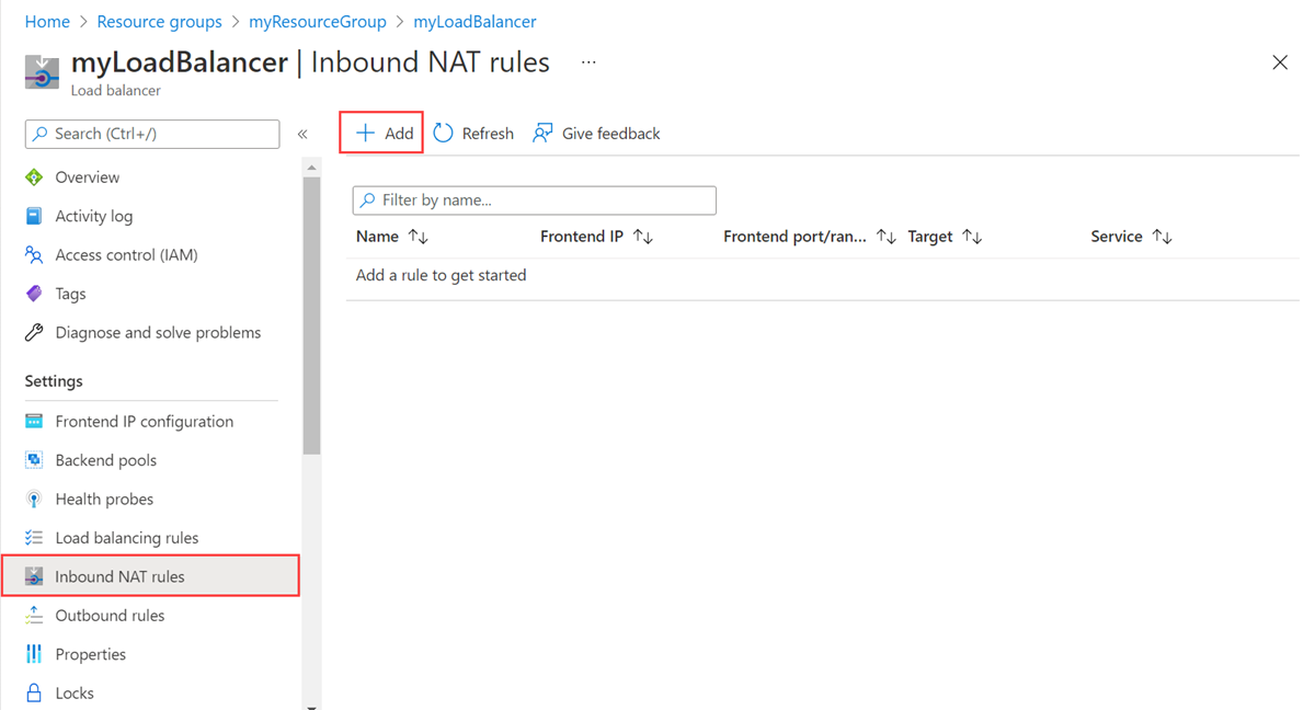 Screenshot of the inbound NAT rules page for Azure Load Balancer