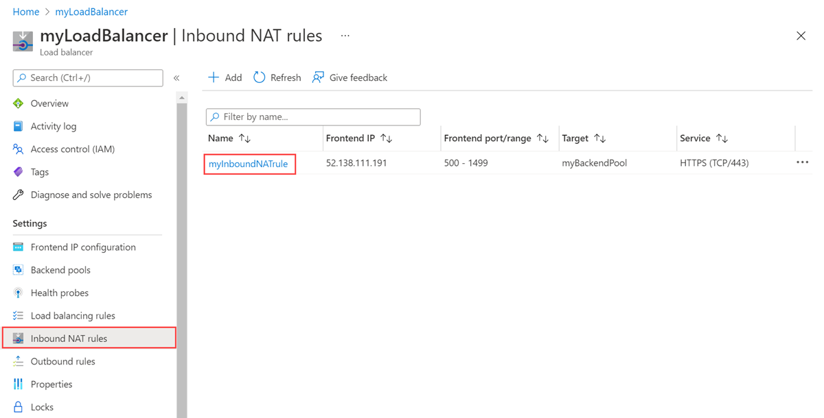 Screenshot of inbound NAT rule overview.