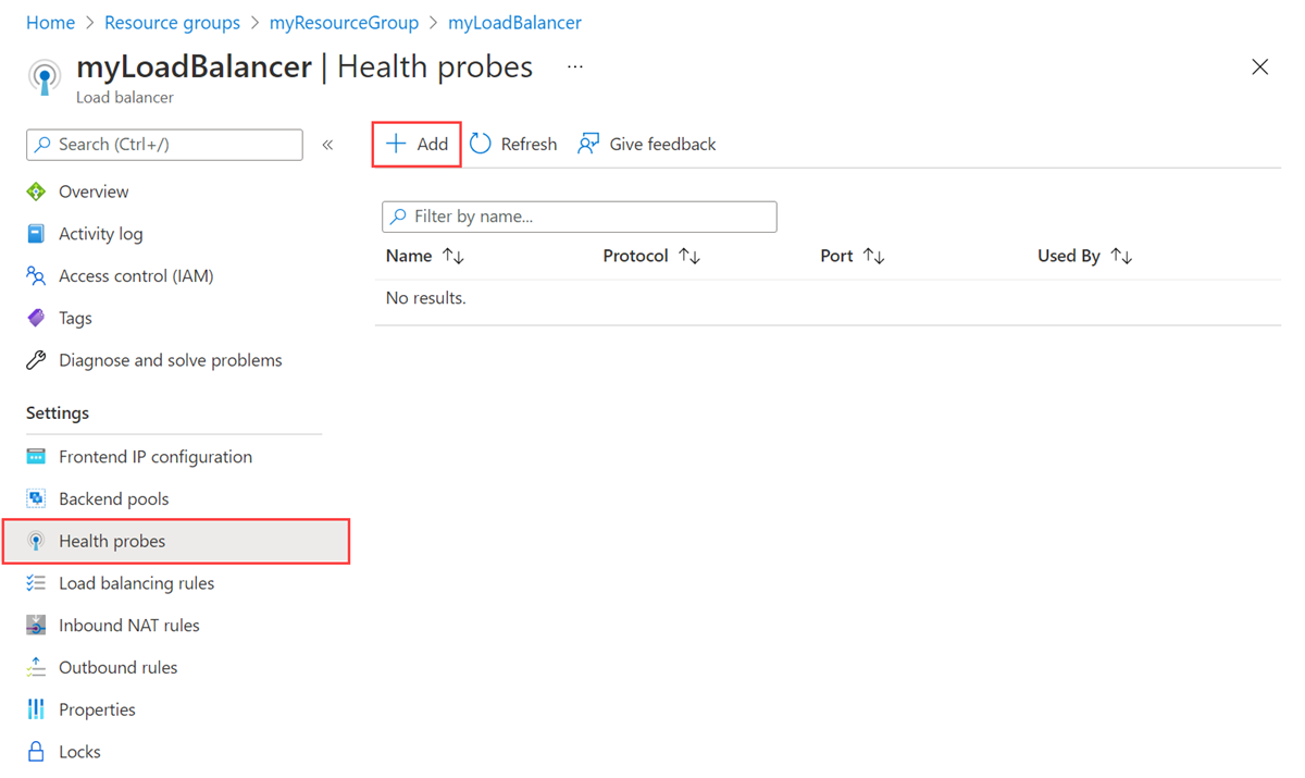 Screenshot of the health probes page for Azure Load Balancer