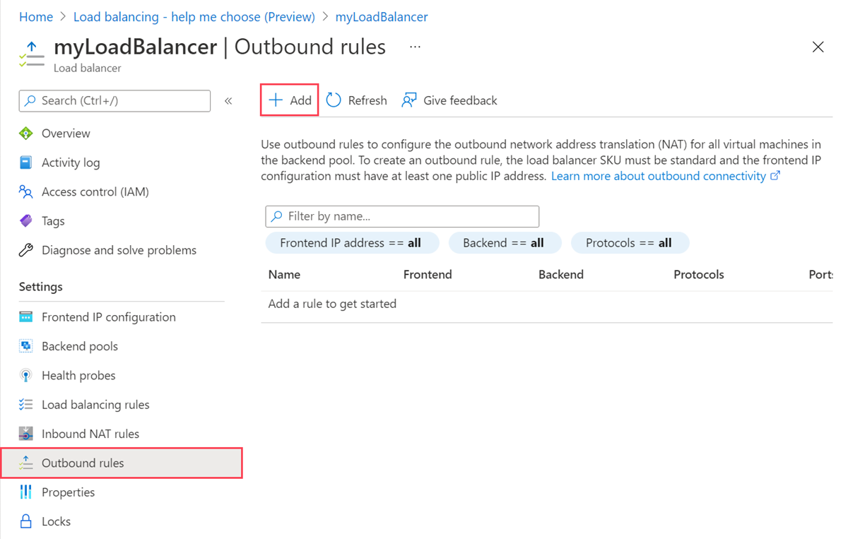 Screenshot of the outbound rules page in a standard load balancer.