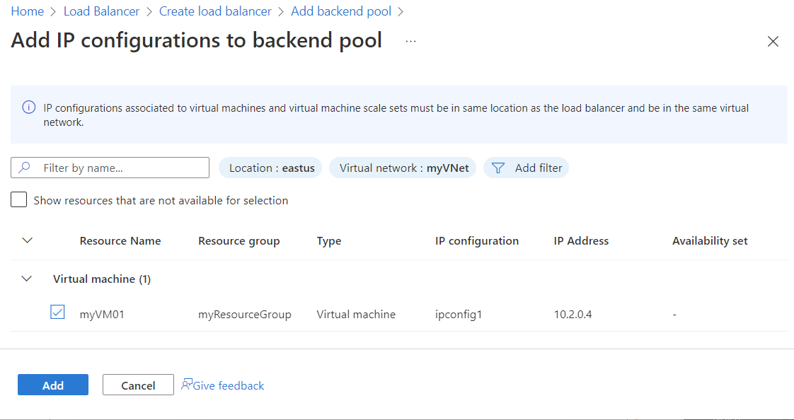 Screenshot of Add IP configurations to backend pool page with virtual machine selected as resource.