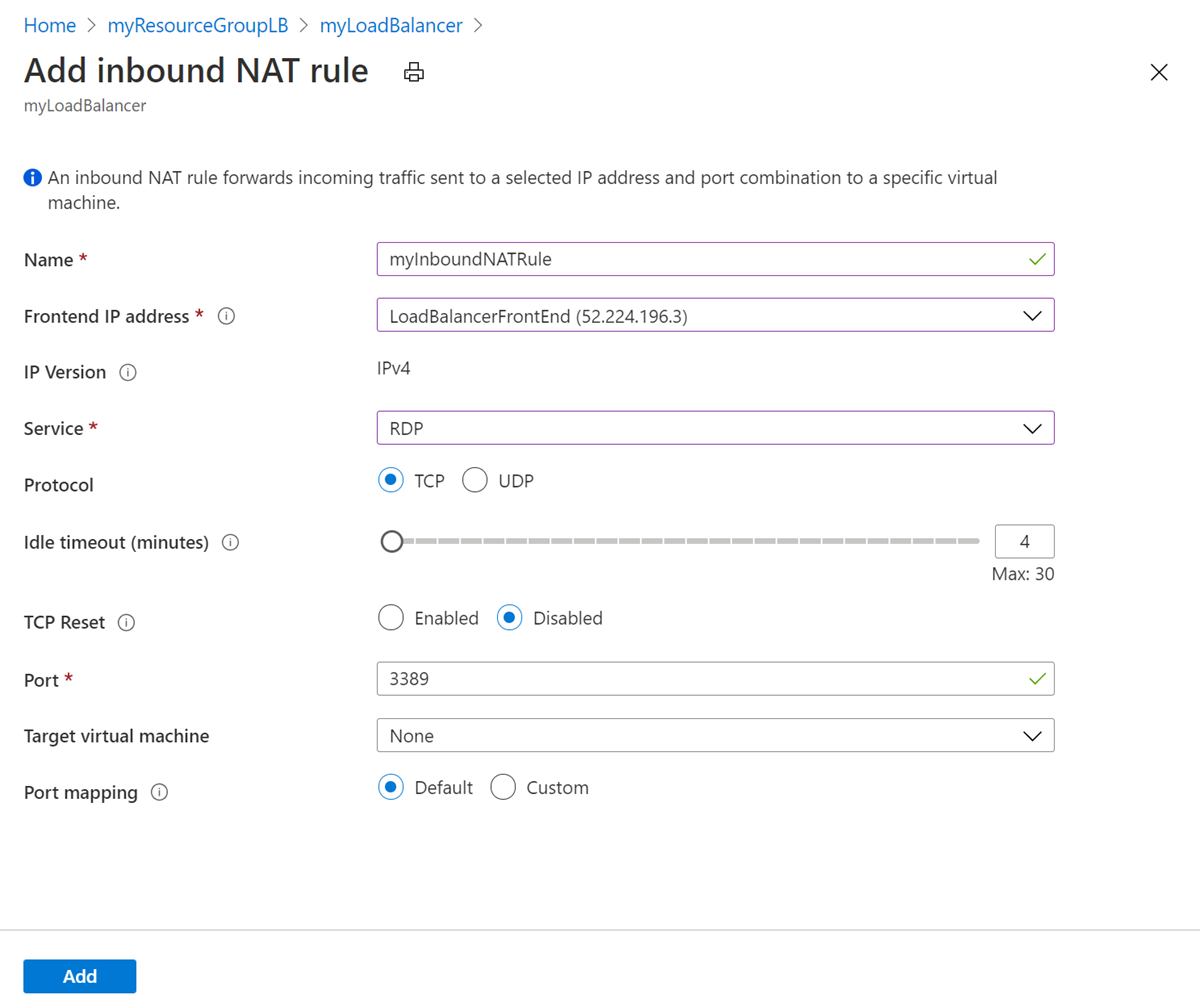 Screenshot of add inbound NAT rule.
