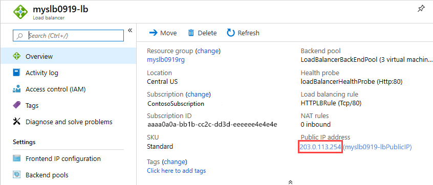 Screenshot of Azure standard load balancer Resource Manager template public IP.