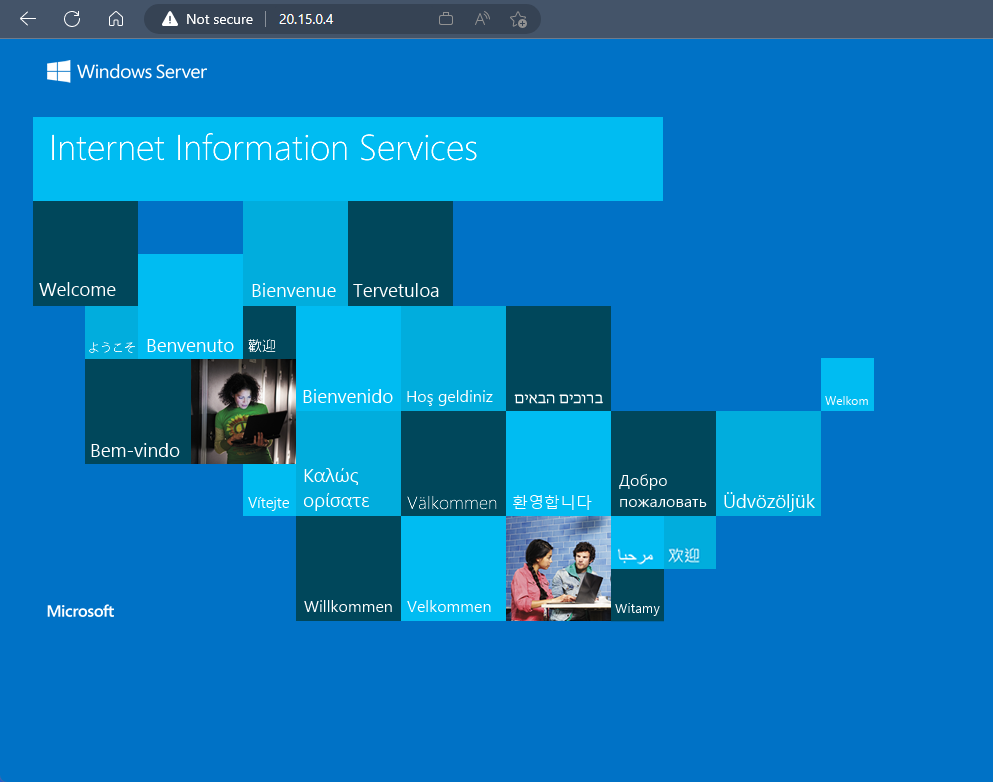 Screenshot of default IIS Windows Server web page in web browser.