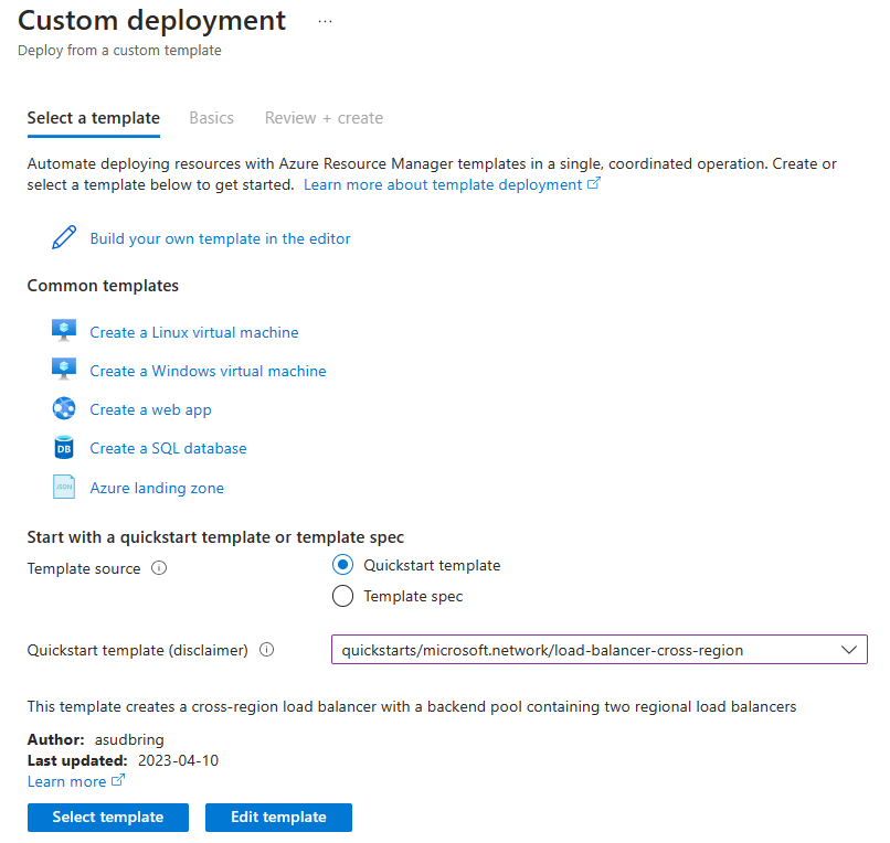 Screenshot of Custom deployment page for selecting quickstart ARM template.