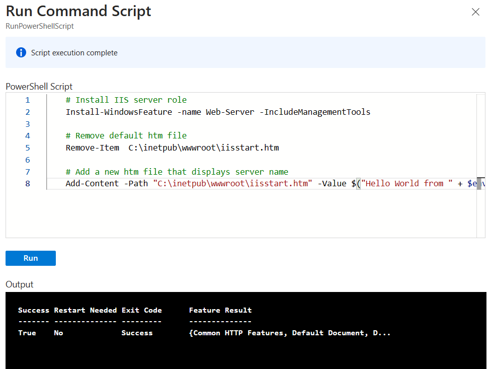 Screenshot of Run Command Script window with PowerShell code and output.
