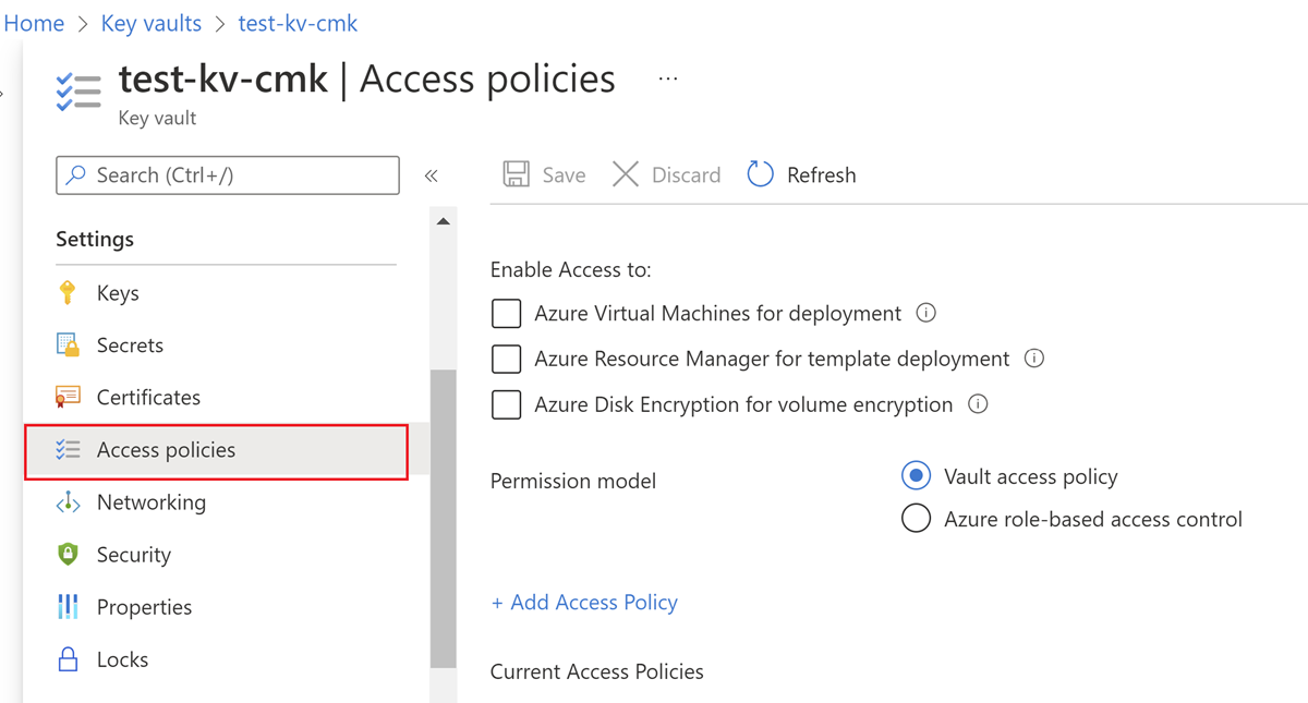 Screenshot that shows access policies option in Azure Key Vault.
