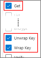 Screenshot that shows Azure Key Vault permissions.