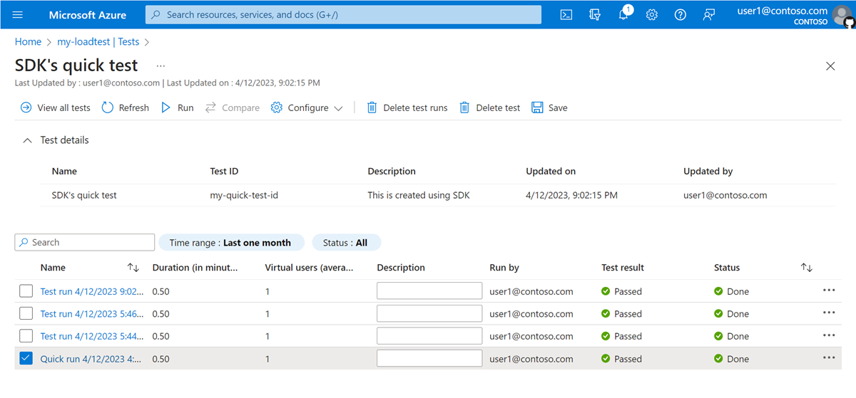Screenshot that shows the list of test runs for a load test in the Azure portal.