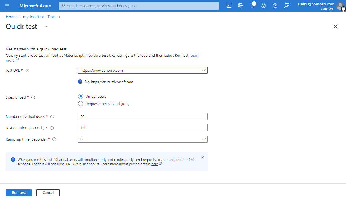 Screenshot that shows the page for creating a quick test in the Azure portal.