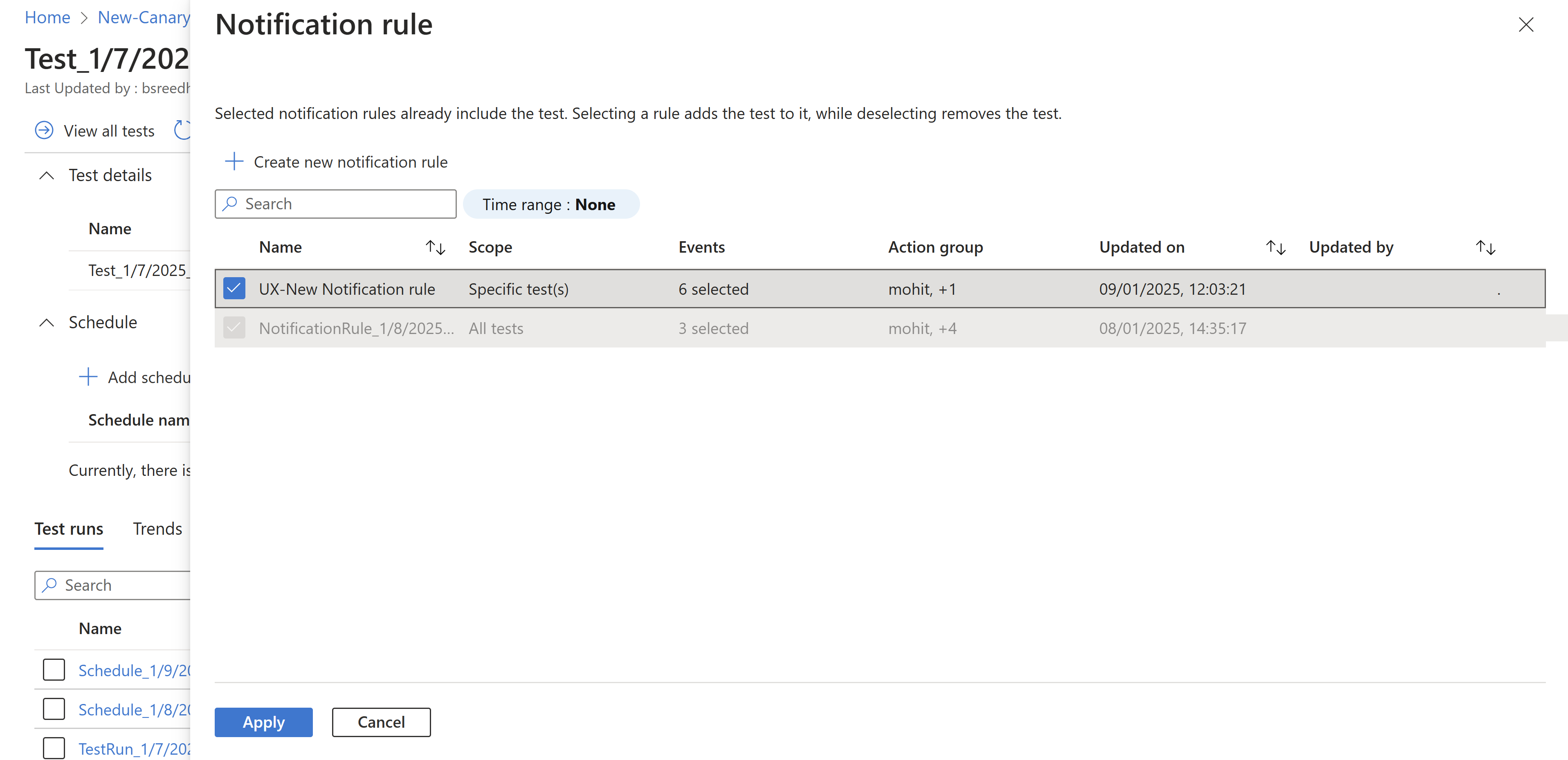 Screenshot that shows the list of notification rules associated with a test.