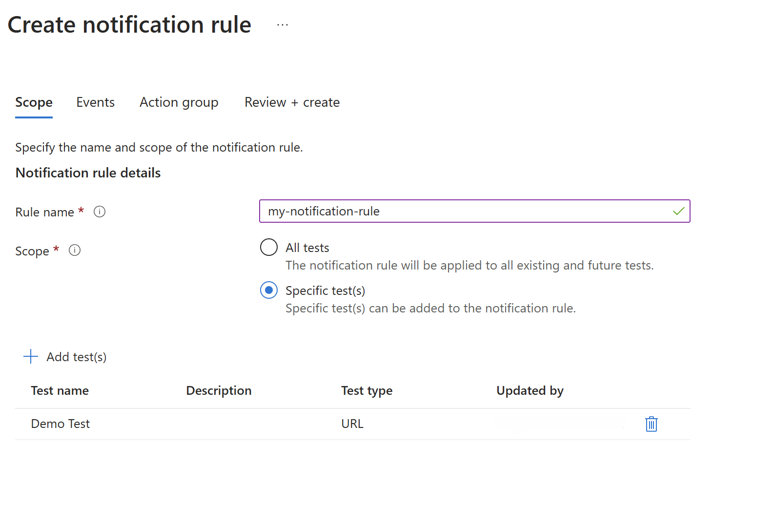Screenshot that shows the added test in the scope of a notification rule.