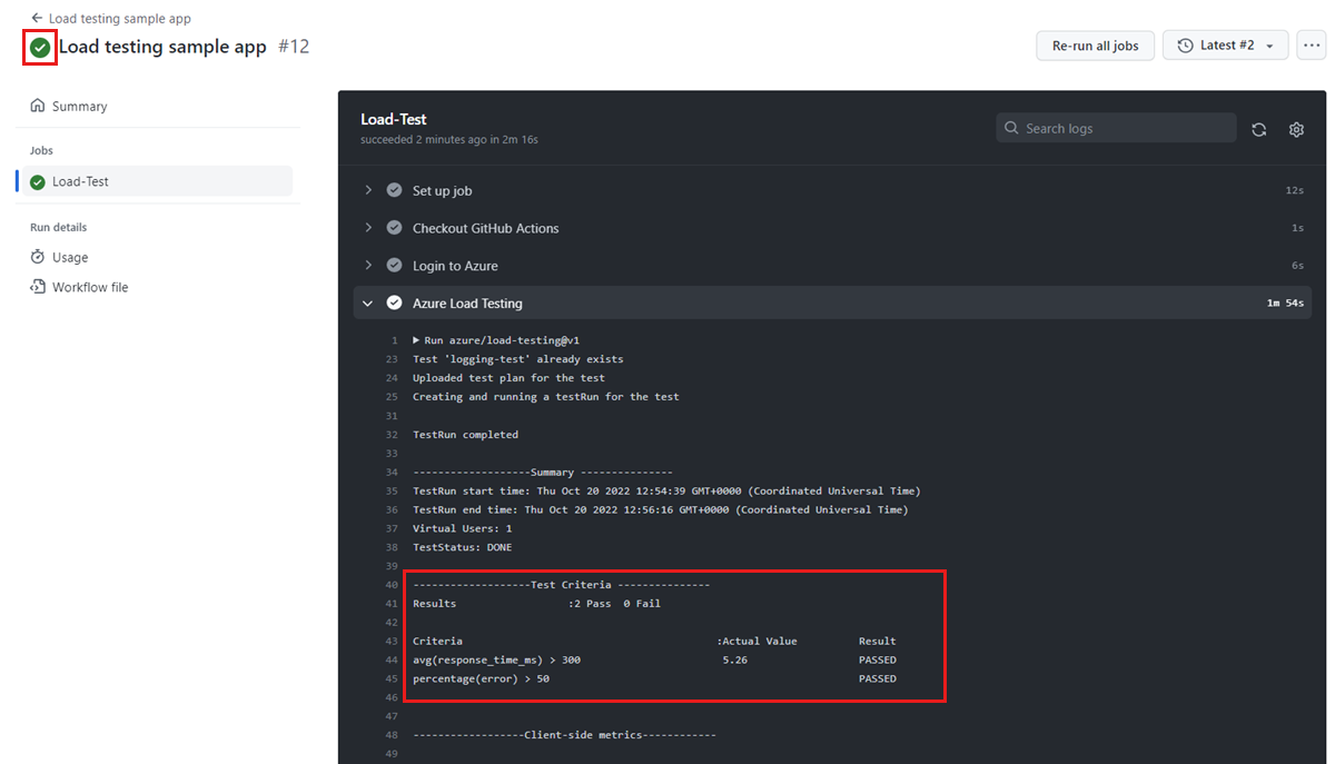 Screenshot that shows the test criteria in the CI/CD workflow log.